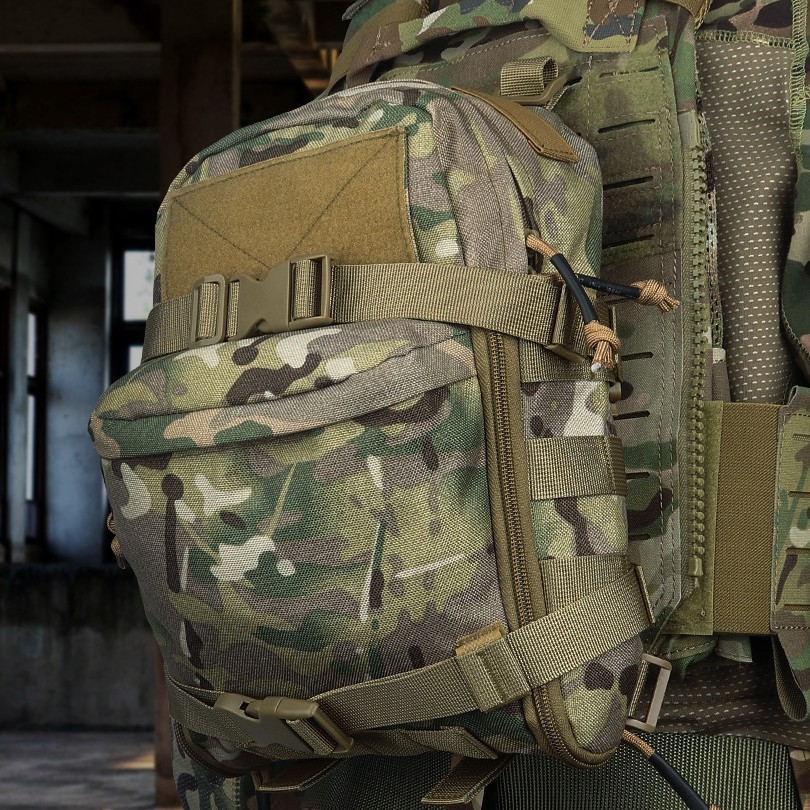 Outdoor tactical military enthusiast hydration pack, lightweight action chest rig backpack, MOLLE with pouch, vest, and backpack.