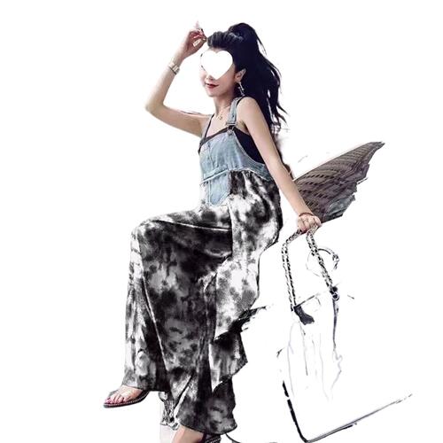 Spot summer new style loose four-sided elastic splicing print washed water old strap to show slimming and large size temperament dress