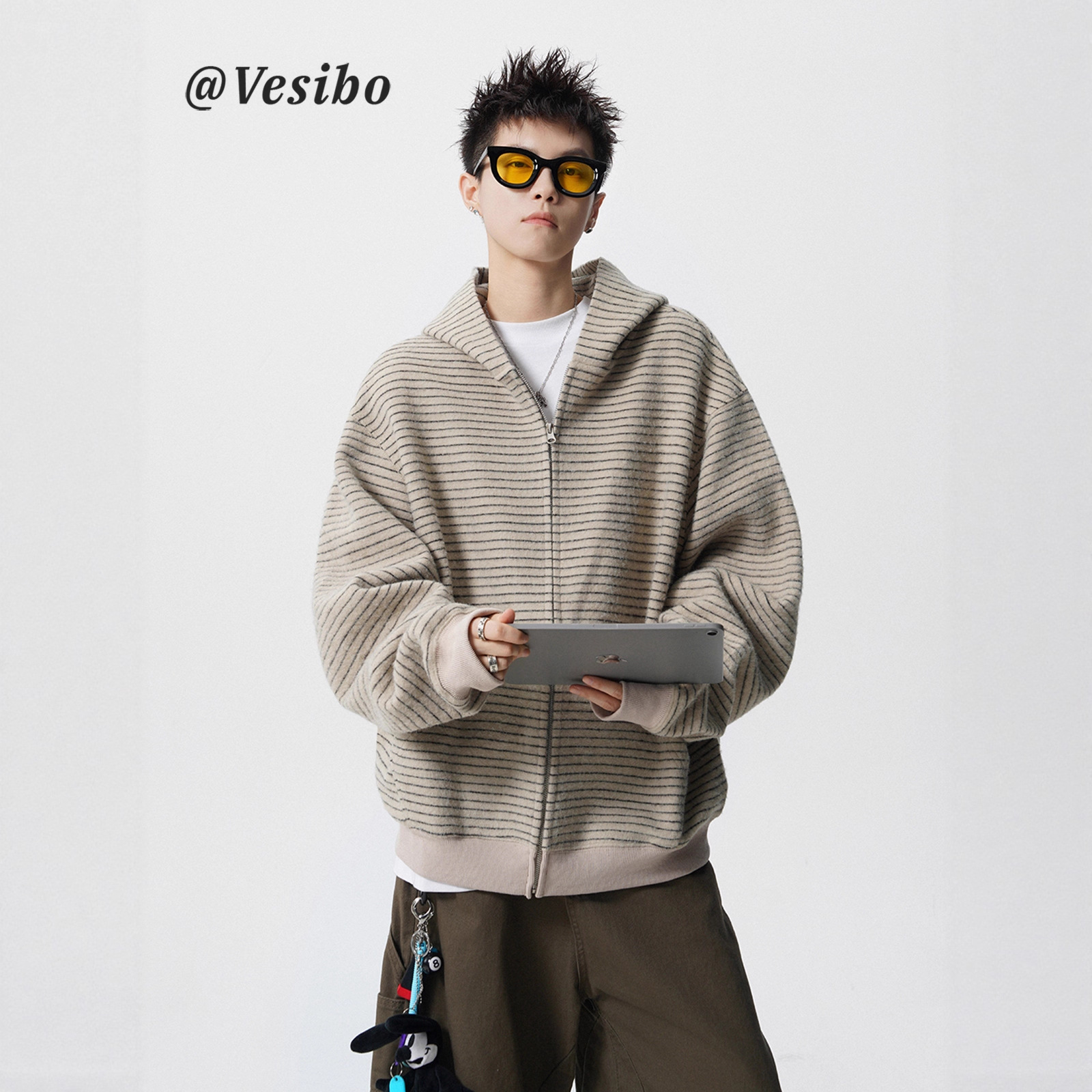 春秋新款条纹连帽拉链外套小众休闲宽松美式开衫卫衣外贸跨境批发