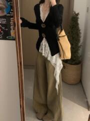设计感斜边蕾丝吊带叠穿套装女秋氛围感领黑色修身上衣一整套潮
