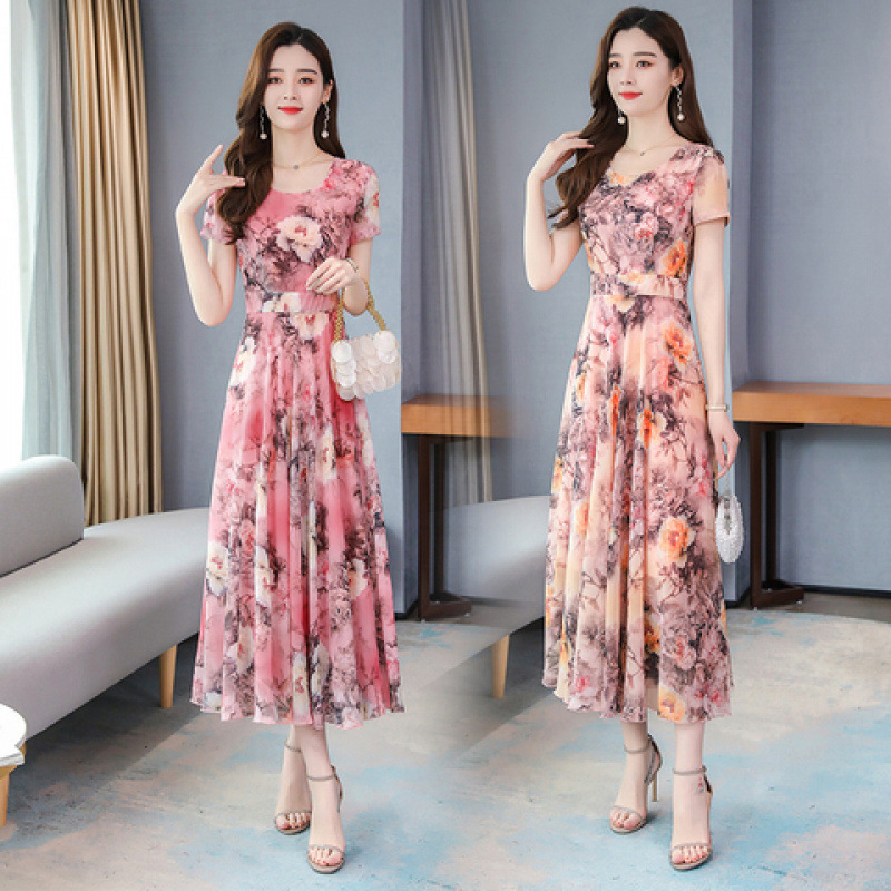 2025 Summer V Neck New Fashion Korean Style Ice Silk Print Dress Waist Slim Fit over the Knee Extra Long Skirt Trendy