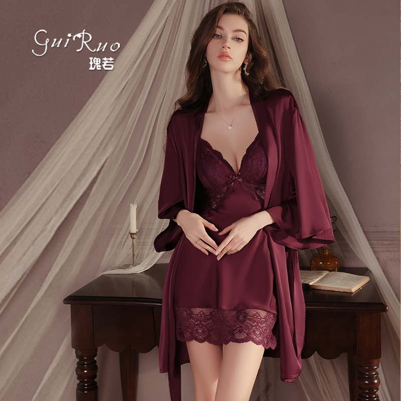 Gui Ruo Pure Want to Add Chest Pad Underwear Sweet Lace Sexy Silky Satin Nightdress Gown Home Women's Suit 5054