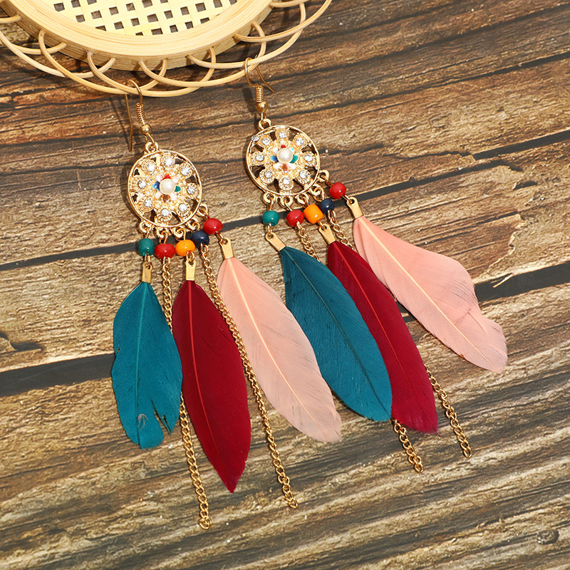 Ethnic Style Flower Feather Metal Hollow Out Inlay Artificial Pearls Rhinestones Women's Drop Earrings display picture 2