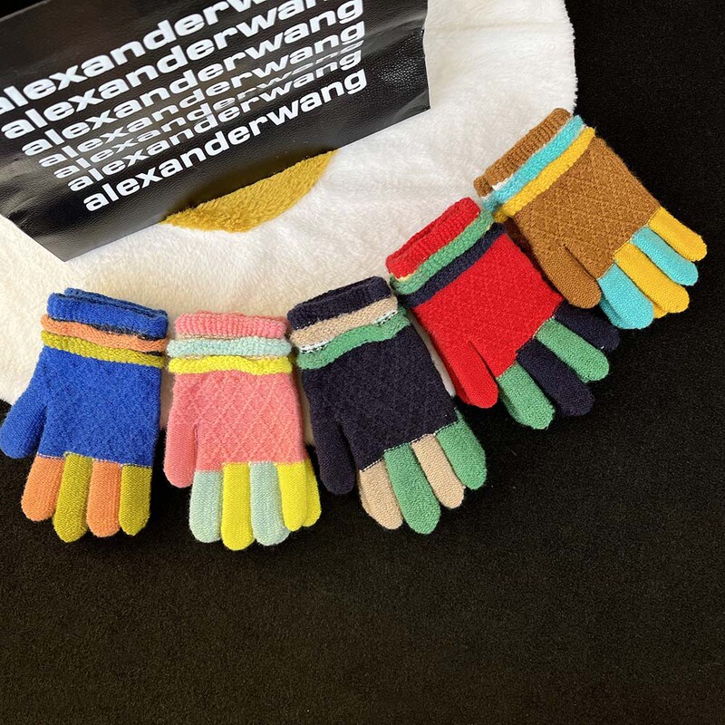 New Winter Children's Knitted Warm Gloves, Cute Finger Design, Color-Blocking Jacquard, Full-Finger, for Primary School Students, Cold-Proof, Export