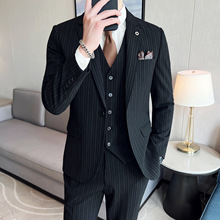 直播选品秋冬款男式竖条纹西装三件套修身大码轻商务休闲西服套装