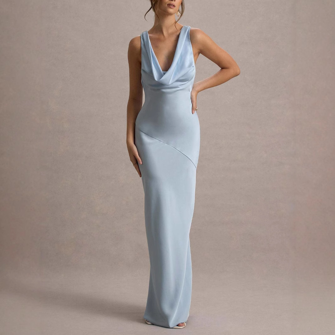 2025 European and American Cross-border New Elegant High-grade Satin Slim-fit Bag Hip Fishtail Backless Sexy dress Dress