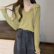 牛油果苔藓绿短款针织打底衫女秋装毛衣风衣内搭领大佬长袖上衣