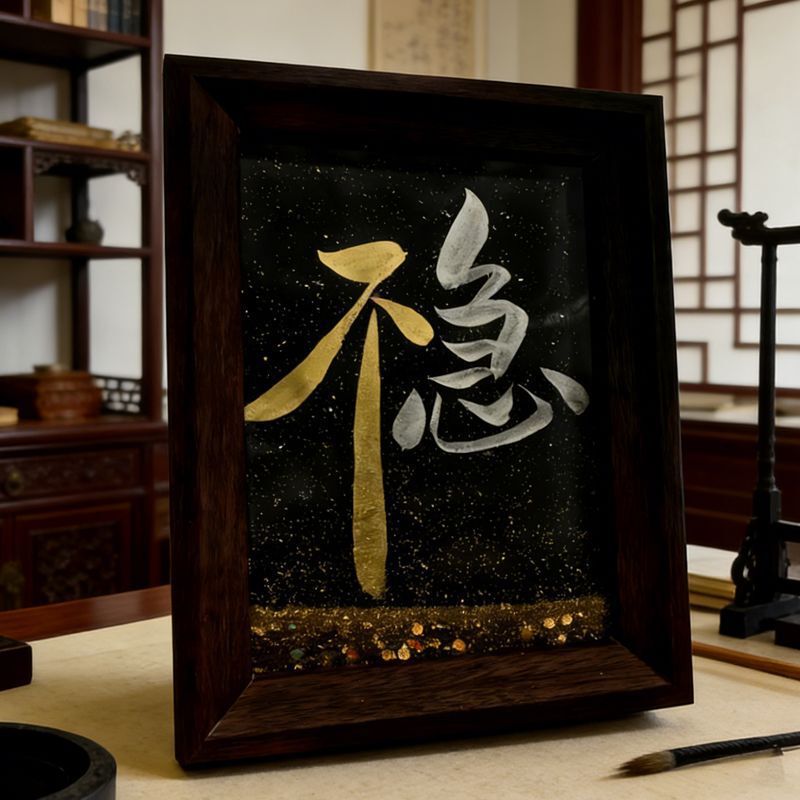 Gold Flowing Sand Calligraphy Frame with Solid Wood Border, Chinese-Style Vintage Calligraphy and Painting Frame, Desktop Decoration Piece Gold Flowing Sand Calligraphy Frame with Solid Wood Border, Chinese-Style Vintage Calligraphy and Painting Frame, Desktop Decoration Piece