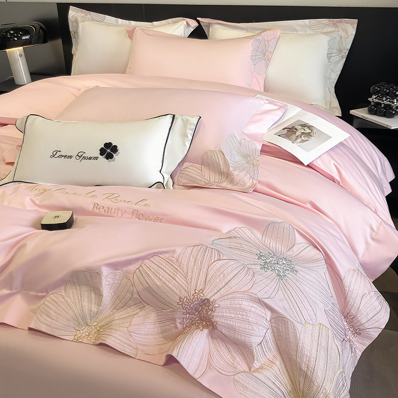 Cama de algodón de fibra larga de cuatro piezas 100 piezas de algodón puro, ropa de cama ligera de lujo de alta calidad, funda de edredón, ropa de cama bordada 4