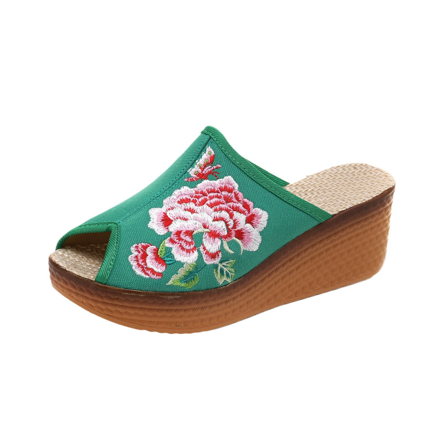 Summer wedge slide sandals women, 5.8 cm heel, embroidered upper — multi colors, sizes 35–41