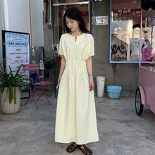 2024年韩国东大门夏季新款韩国优雅圆领褶皱拉链长款显瘦连衣裙子