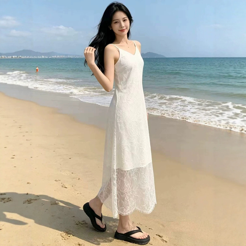 Mai* Women's Clothing Store Same Style 2026 Summer New Fashionable Elegant Lace V-neck Strap Dress Mai* Women's Clothing Store Same Style 2026 Summer New Fashionable Elegant Lace V-neck Strap Dress