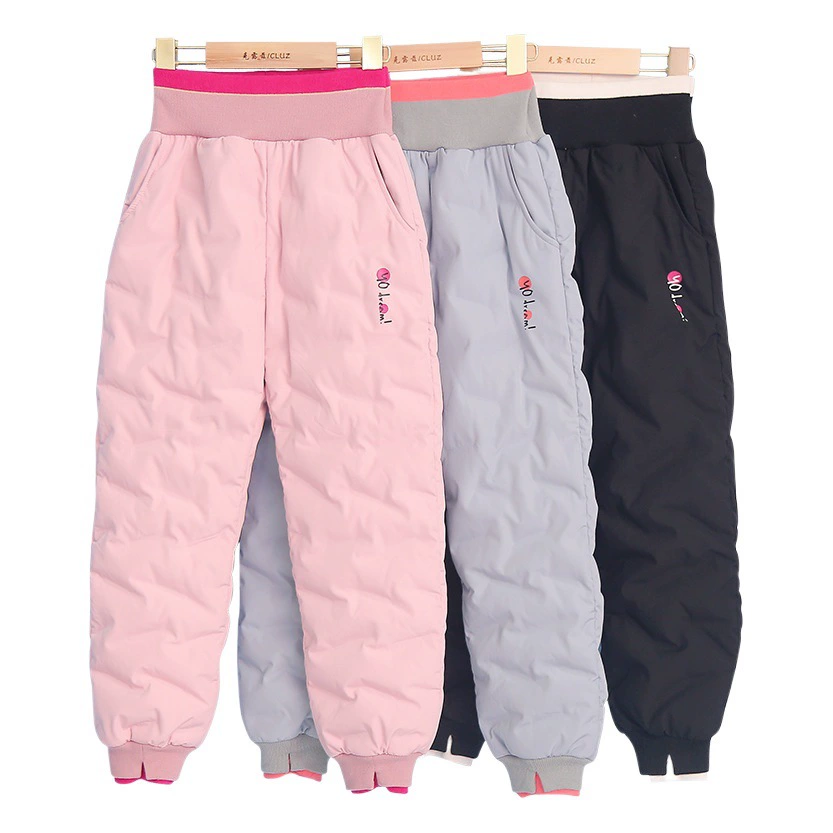 Зимние непромокаемые штаны для девочек на утином пуху с высокой талией, Большие Детские утолщенные теплые штаны, пуховые штаны, Детская верхняя одежда