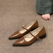 法式复古棕色玛丽珍小皮鞋女鞋子2025新款春秋冬粗跟尖头晚晚单鞋