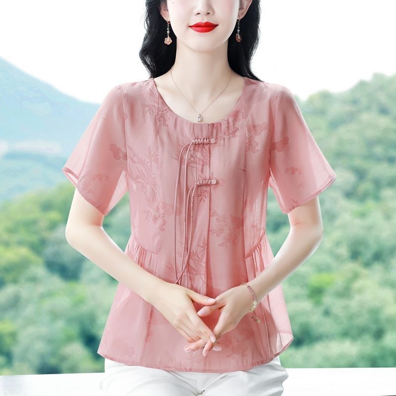 夏の新型綿麻半袖シャツの女性中国式のボタンは年齢がゆったりしています。|undefined