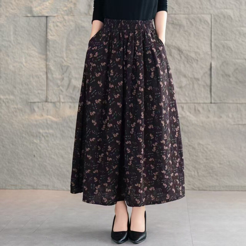 Cotton-linen floral print midi skirt for middle-aged mothers, stylish A-line flared skirt, new high-waisted mid-length skirt for early autumn Cotton-linen floral print midi skirt for middle-aged mothers, stylish A-line flared skirt, new high-waisted mid-length skirt for early autumn