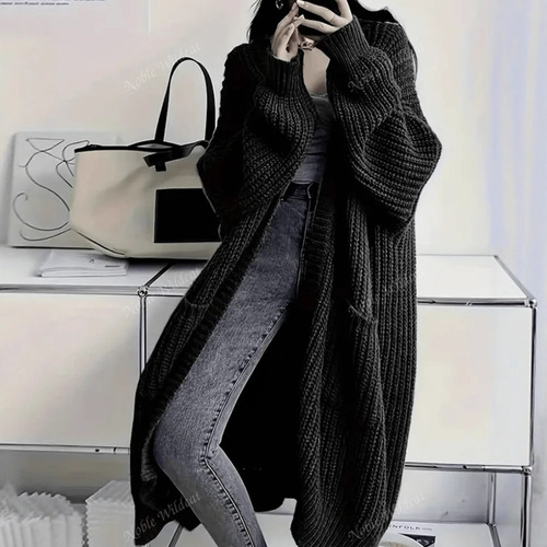 Korean style long over-knee sweater cardigan for women in autumn and winter new lazy style loose thickened knitted jacket for women
