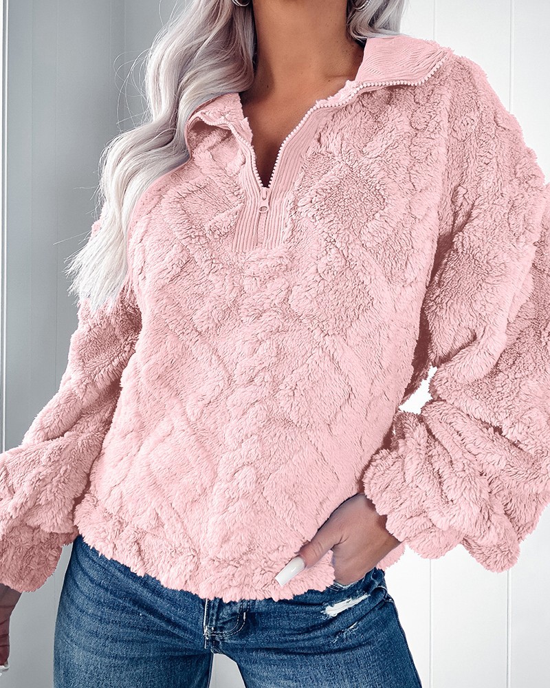 Women's Clothing simple solid color half zip stand collar loose plush pullover sweatshirt_voghion.com