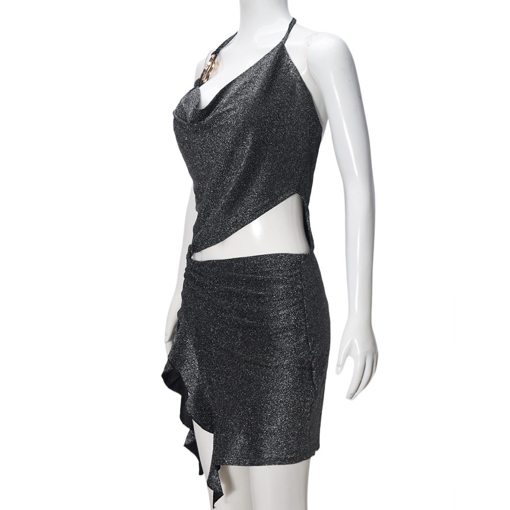 Women Spring Summer Silver Silk Cropped Irregular Asymmetric Strap Dress Women
