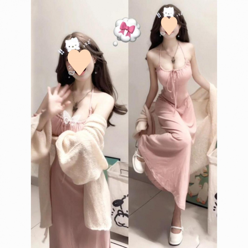 大码胖正式场合气质裙子温柔风修身挂脖粉色连衣裙软糯开衫套装