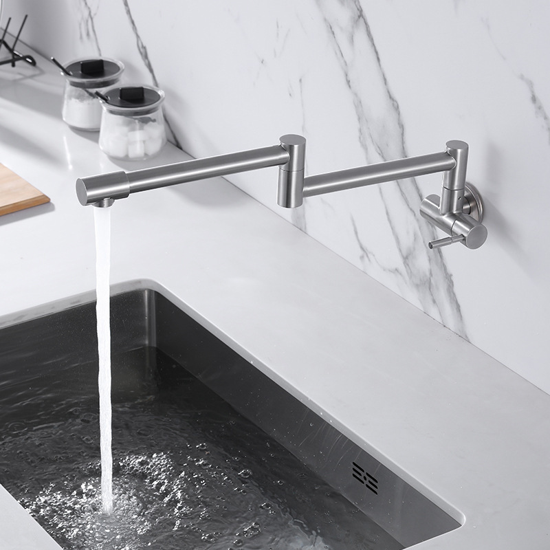 Hot sale cross-border 304 stainless steel in-wall faucet swivel double open American style kitchen wall folding faucet