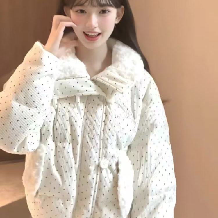 2025年韩系设计波点棉服毛领冬季甜美新款加厚宽松棉袄外套面包|undefined