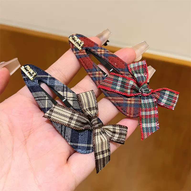 2025日韩红色格纹蝴蝶结发夹女小众设计师款侧边刘海夹前额碎发夹