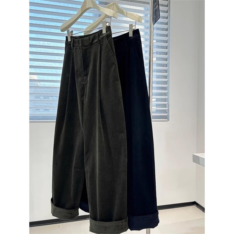 Vintage Dark Green Corduroy Wide-Leg Pants for Women Early Autumn High-Waisted Elegant Commuter Loose Straight-Leg Cuffed Casual Pants
