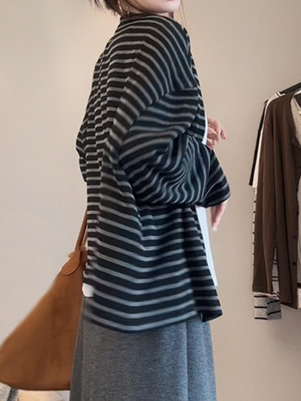 慵懒风撞色条纹气质宽松长袖外套女秋季大码胖MM显瘦百搭休闲上衣|undefined