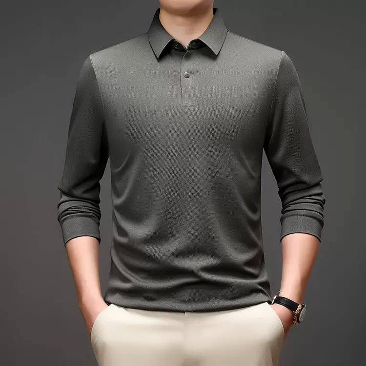 2025秋季新款锦氨无痕按扣男士POLO衫男翻领长袖商务休闲男体恤衫