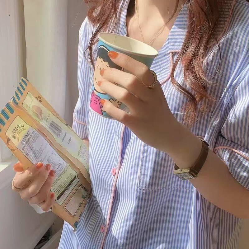 Simple Striped Bubble Cotton Summer Pajamas Women's Short-sleeved Shorts Cardigan Lapel Korean Style Internet Celebrant Live Cross-border suit