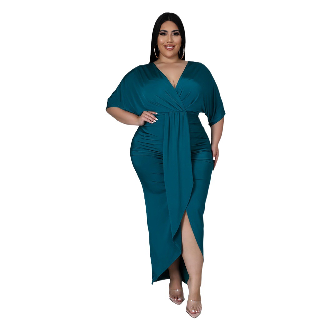 2022 primavera europea y americana nueva moda más el tamaño de las mujeres de comercio exterior sexy discoteca irregular split vestido con cuello en V