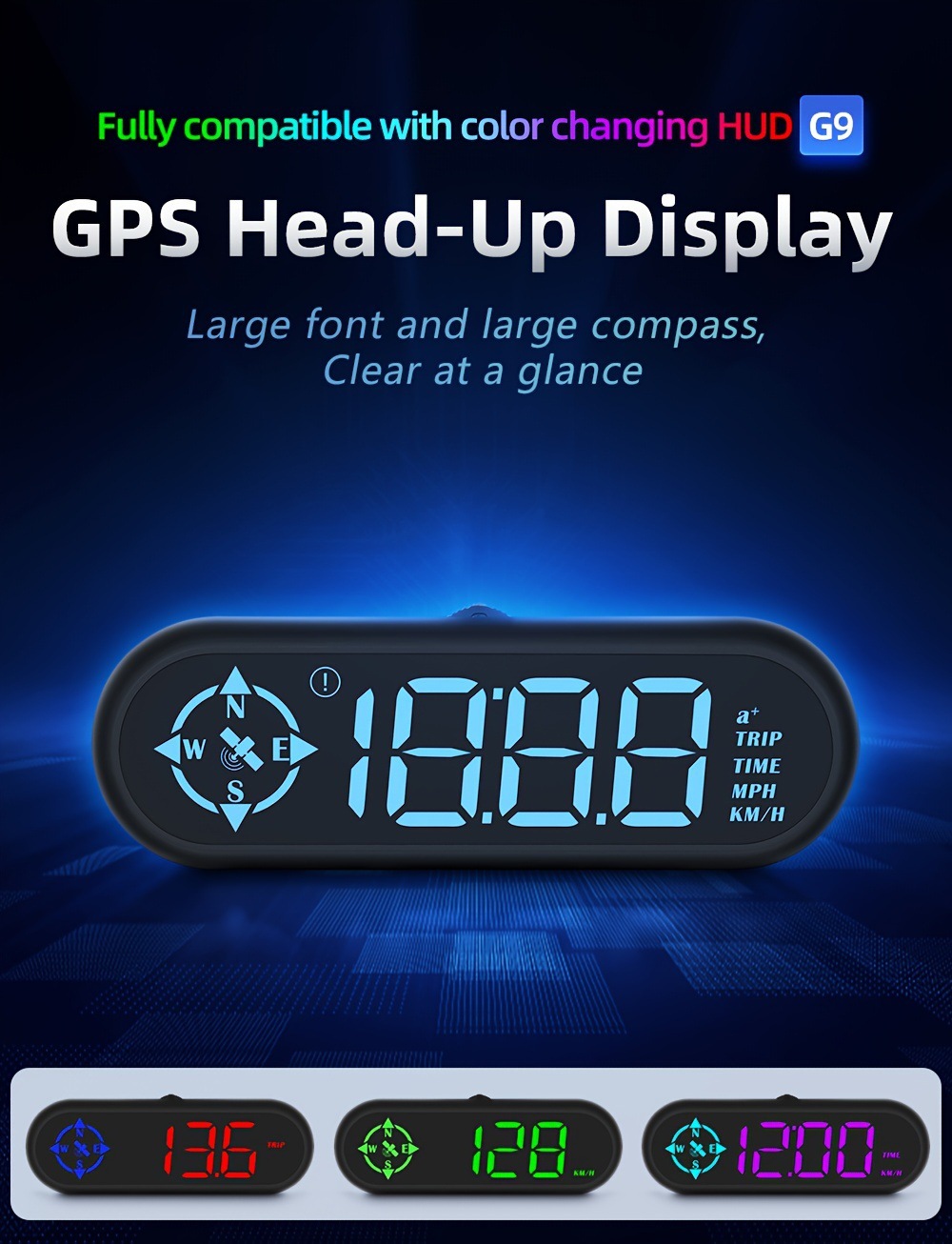 Cross-border Color-Changing Light Car HUD Head-Up Display Device with GPS Multifunctional Compass, Time, and Speedometer