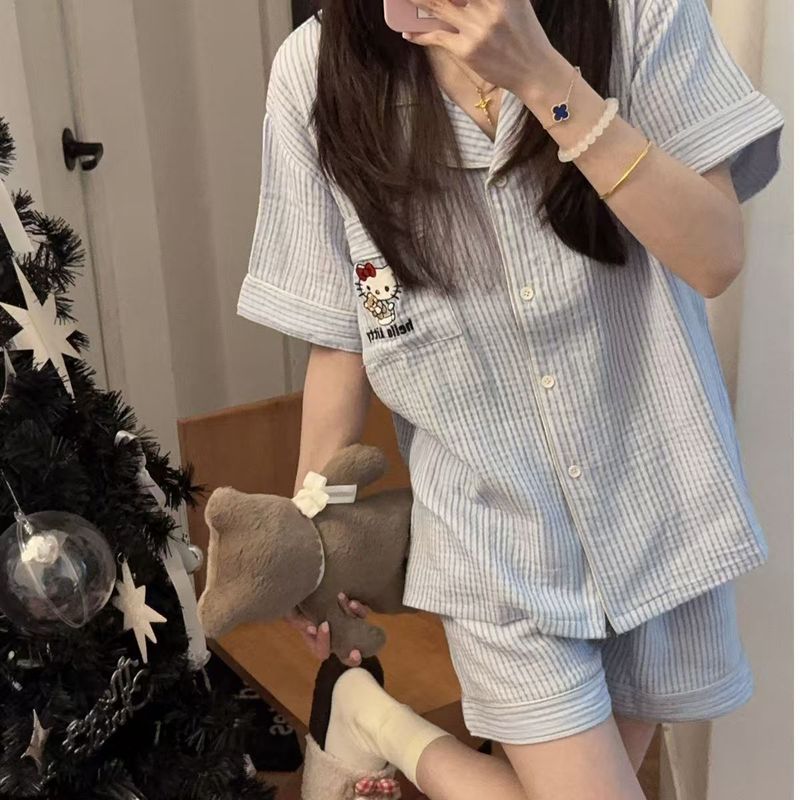 韓国風キャンディーカラー KT 猫かわいいスタイル漫画パジャマ女性のための夏の新しい大きいサイズ快適なカーディガン半袖ホーム|undefined