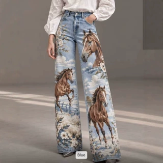 美式复古骏马花卉印花阔腿牛仔裤女 浅蓝水洗高腰动物图案拖地长
