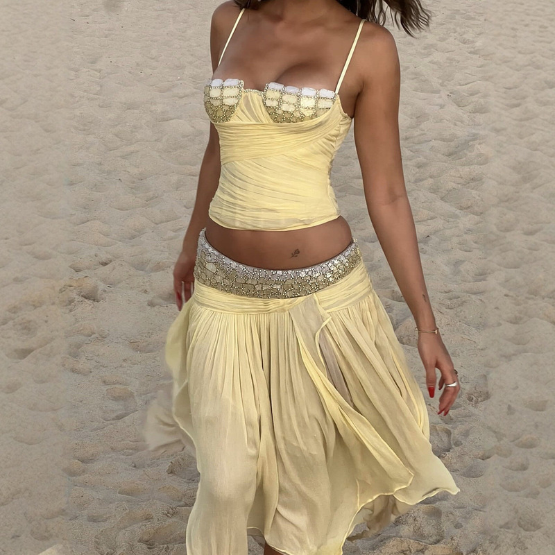 Hot Girl Style Rhinestone Halter Top and Long Skirt Two-Piece Set, Mesh Beach Vacation Style Dress Set