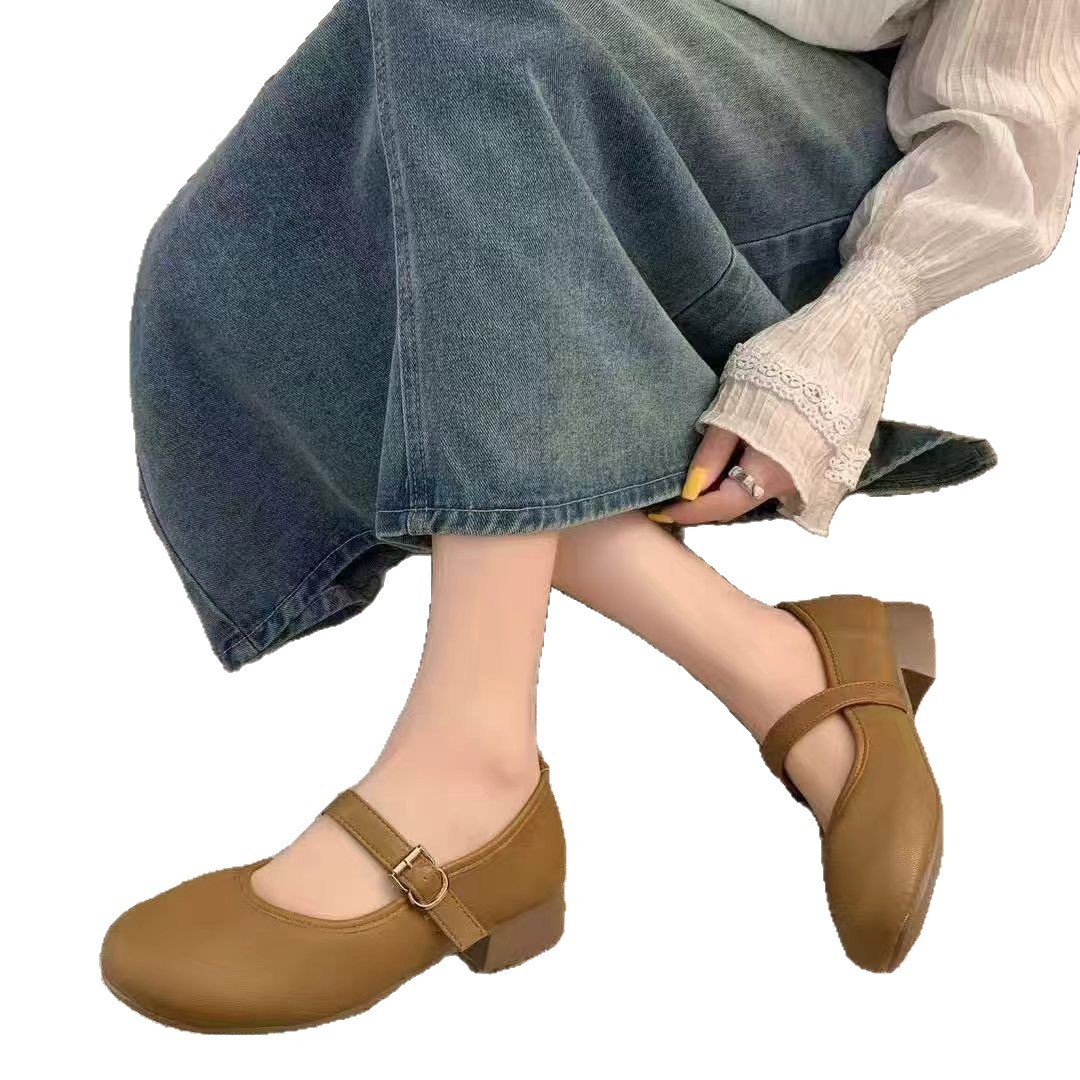 Cuero suave Mary Zhen tacones gruesos de verano nuevos zapatos de mujer de estilo universal, zapatos de base suave, zapatos de frijol para mujeres cuatro estaciones