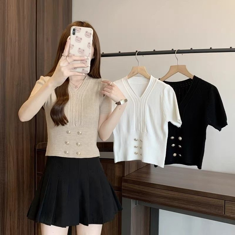 V-Ausschnitt, hohe Taille, kurzärmeliger Damen-Sommer, neuer französischer Stil, kleiner, duftender Wind, Eisseide, gestrickter Pullover_voghion.com