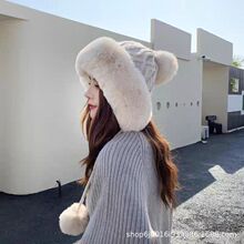 秋冬季三毛球可爱加绒加厚套头帽女士棉羊绒防寒保暖纯色针织帽子