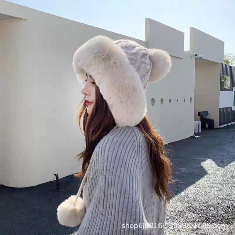 秋冬季三毛球可爱加绒加厚套头帽女士棉羊绒防寒保暖纯色针织帽子