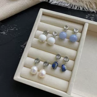 博主同款贝壳坠珠蓝纹石瓷白石淡水珍珠耳钉复古高级时尚气质耳环