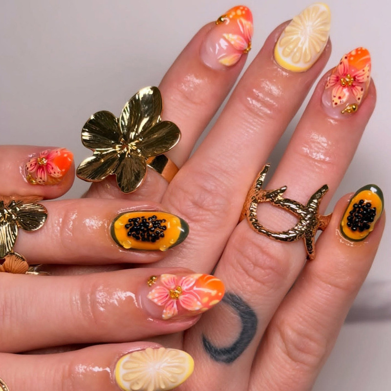 Summer Fruit-Themed Nail Art, 3D Lemon and Passion Fruit, Hand-Painted Pink Flowers, Fresh and Brightening Oval Nail Tips