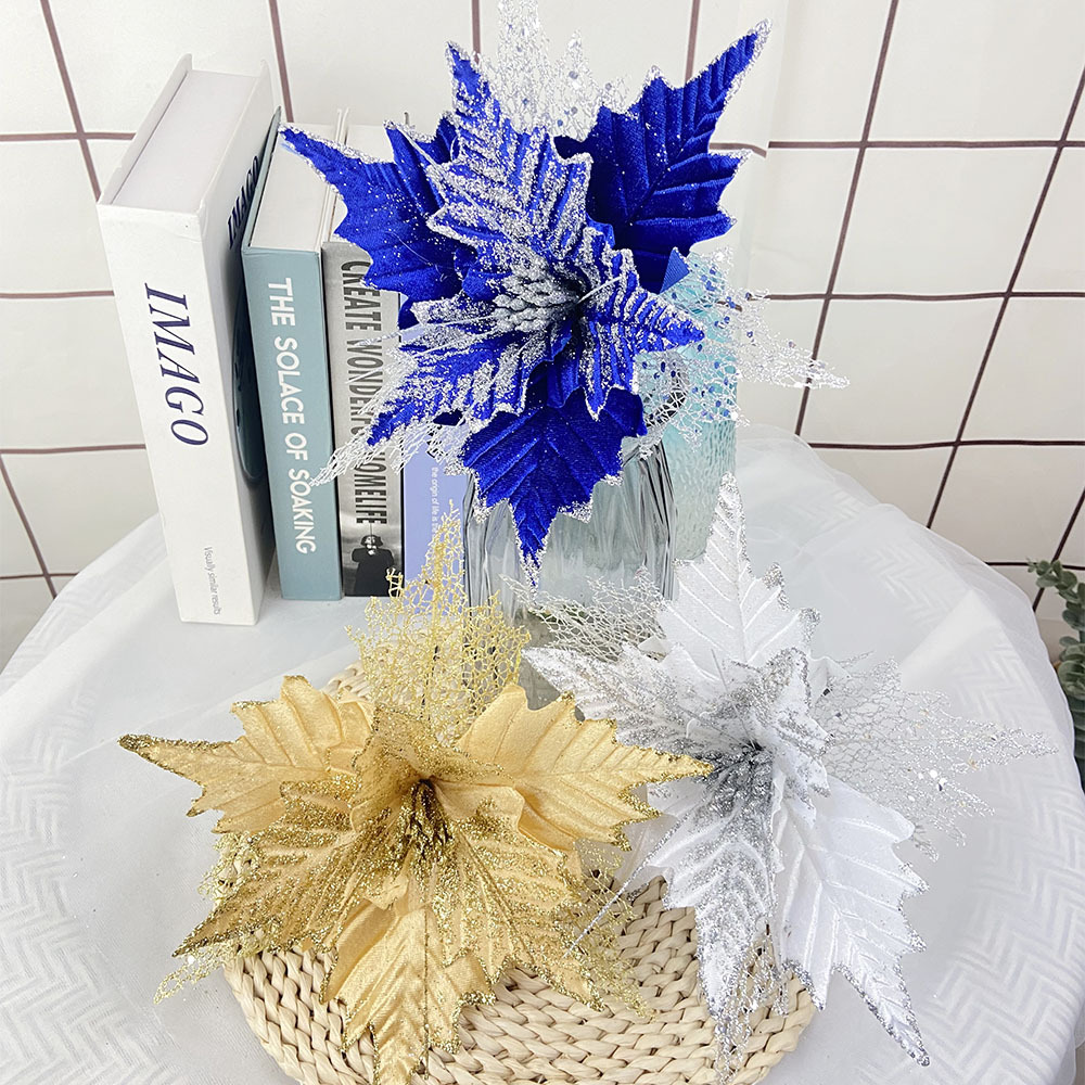 Nueva Flor de Navidad flor artificial polvo de oro hueco franela decoración de árbol de Navidad fiesta decoración de vacaciones flor falsa al por mayor