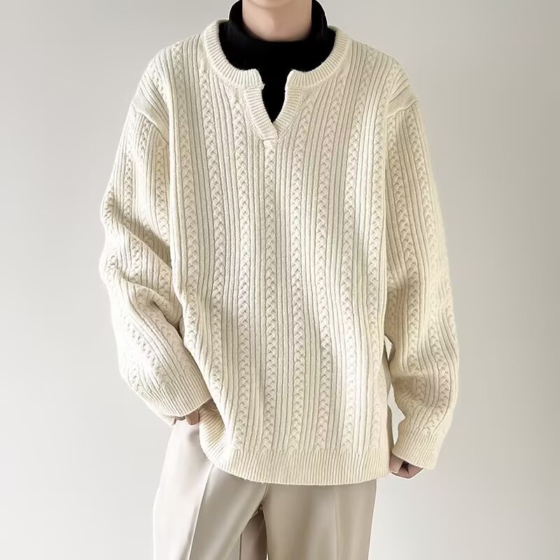 Pull en tricot à col en v pour homme en mélange coton hiver_voghion.com