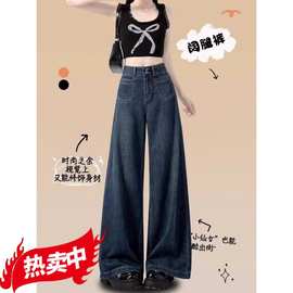 2024秋季新款蓝色阔腿牛仔裤女高腰宽松显瘦胖垂感直筒拖地裤潮
