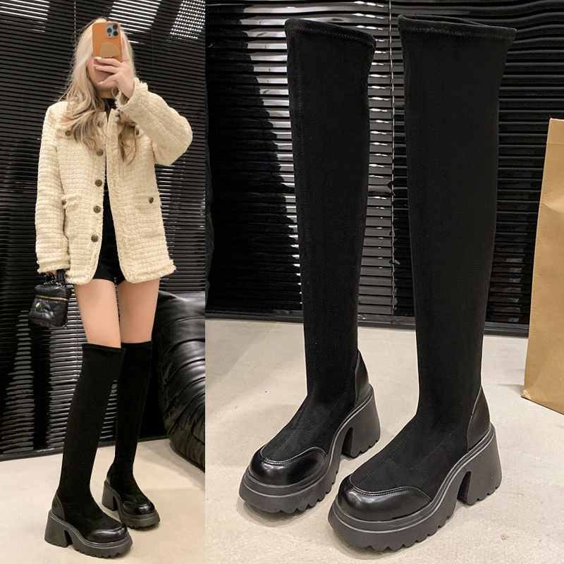 Small, thick soled, high-heeled, elastic, slim sock 2024 autumn and winter, retro Maillard knee high boots for women_voghion.com
