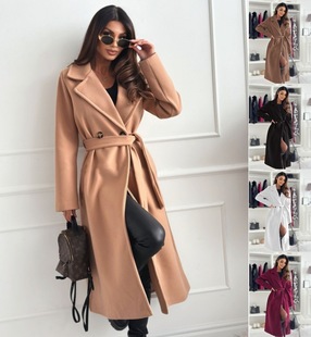 Autumn and Winter Simple Solid Color Long Sleeve Lapel Strap Woolen Coat Double-breasted Commuter Coat for Women