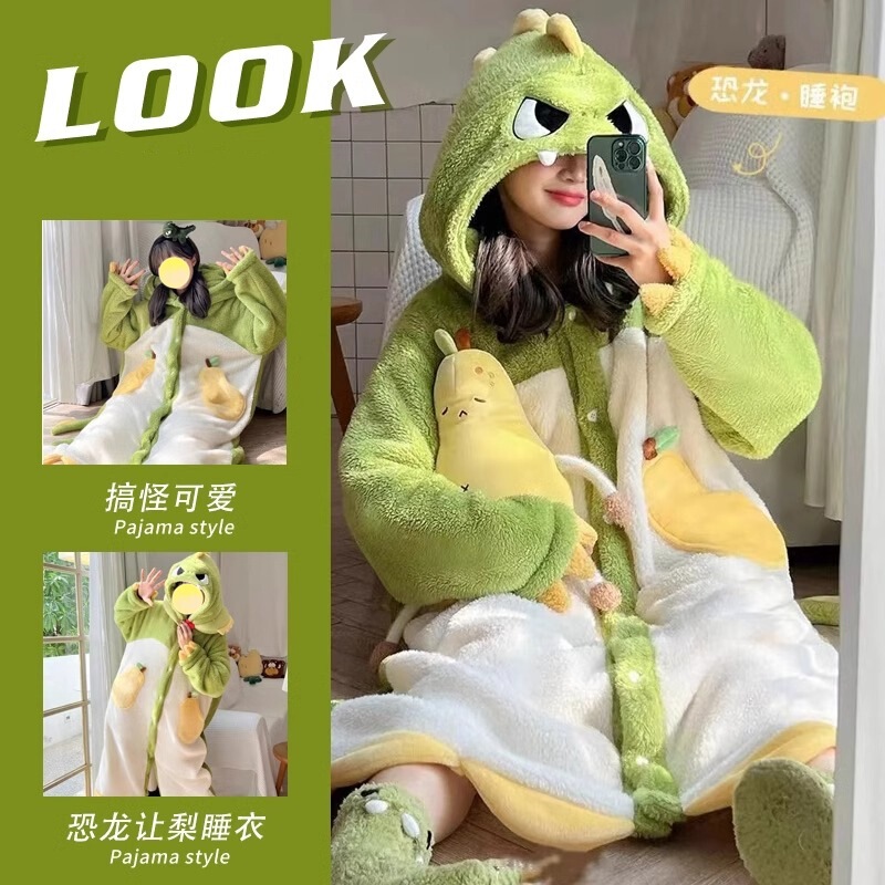 Special Offer!! Coral Velvet Dinosaur Pajamas for Women 2025 New Autumn and Winter Pajamas Thickeneded Flannel Home Clothes