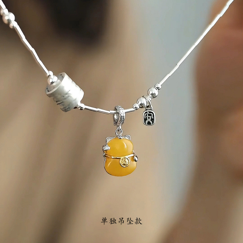 シルバー新中国風蜜蝋猫ペンダント女性のレトロエスニックスタイル祝福ネックペンダントネックレス多用途|undefined
