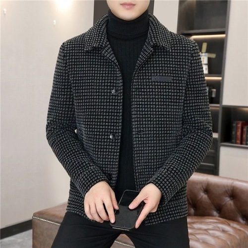 Men's Winter Leisure Stylish Woolen Overcoat with Plaid Collar, Short Length, Fleece Lining, Thick Woolen Material, Korean Style, Fashion Trend